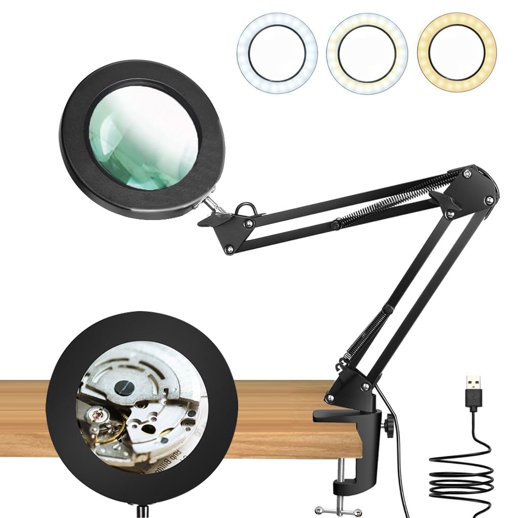 HASTHIP® Desk Magnifying Glass with USB LED Light, 5X Magnifier Glass with Flexible Metal Arm, 3-Color LED Light, for Crafting, Sewing, Electronics Repair, Model Building HASTHIP® Desk Magnifying Glass with USB LED Light, 5X Magnifier Glass with Flexible Metal Arm, 3-Color LED Light, for Crafting, Sewing, Electronics Repair, Model Building
